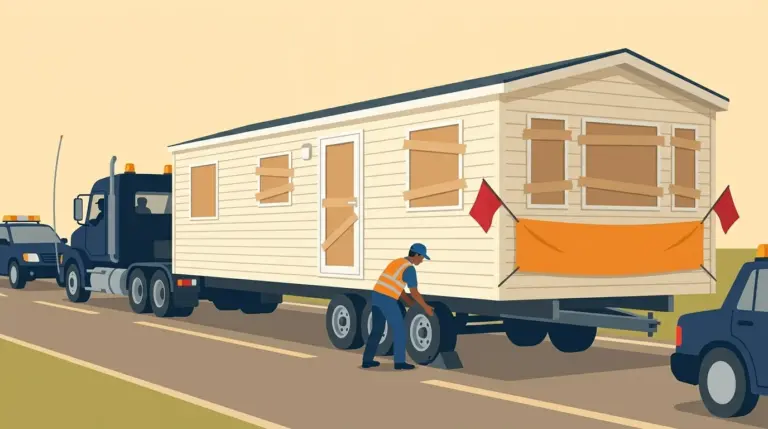 A single-wide mobile home on its transport chassis travelling under escort with pilot vehicles and amber beacons