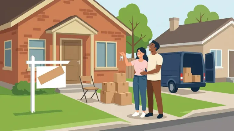 A young couple with the keys to a modest starter house, a small van at the kerb still half loaded