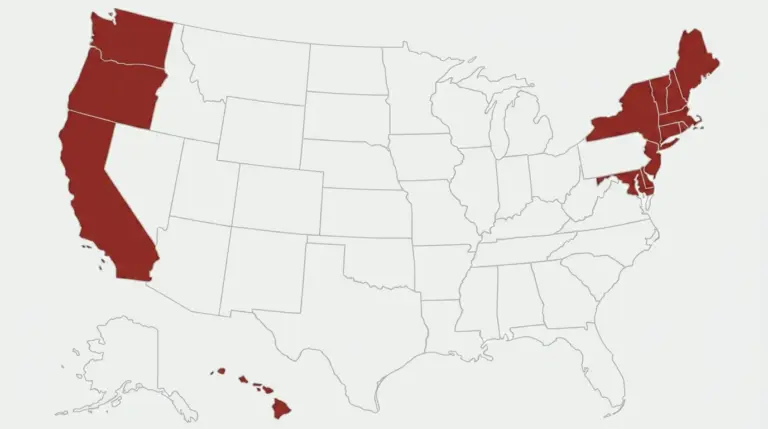 The most expensive states picked out starkly on the west coast and in the north-east, the rest of the country left blank