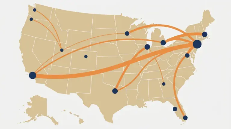 City dots of varying size linked by ribbons whose thickness shows how heavily each route is travelled