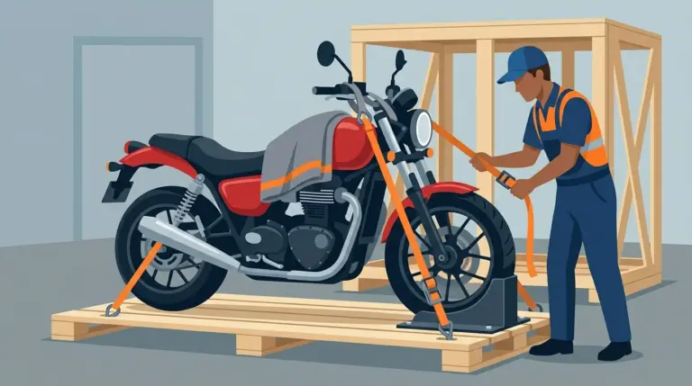 A motorcycle upright on a pallet in a wheel chock, ratchet straps compressing the front forks, with a shipping crate ready behind