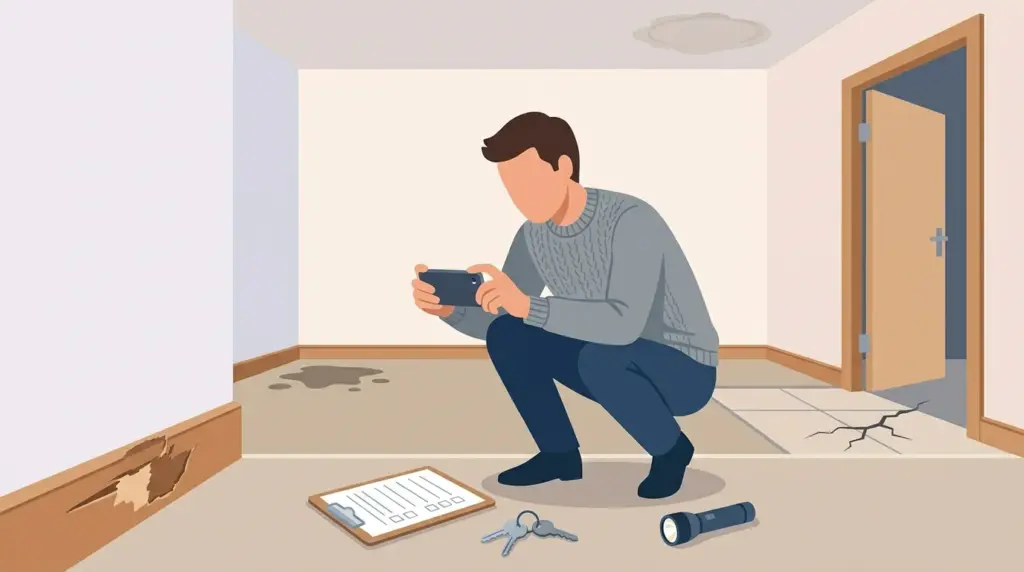 A new tenant photographing existing defects in an empty flat — a chipped skirting, a carpet stain, a cracked tile and a damp ring
