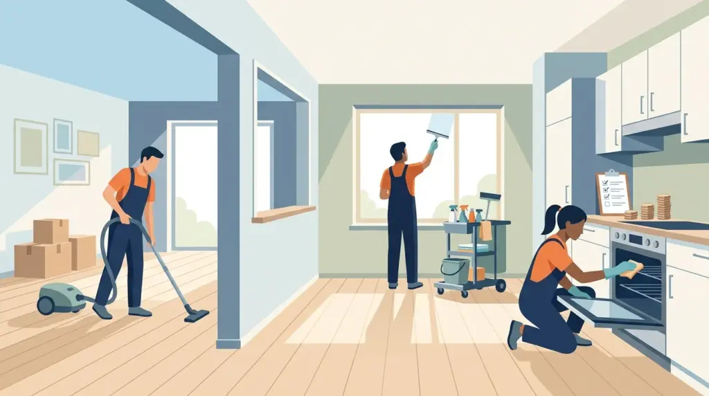 Illustration of move-out cleaning in an emptied apartment, showing vacuuming, window and oven cleaning, a services checklist and cost tiers
