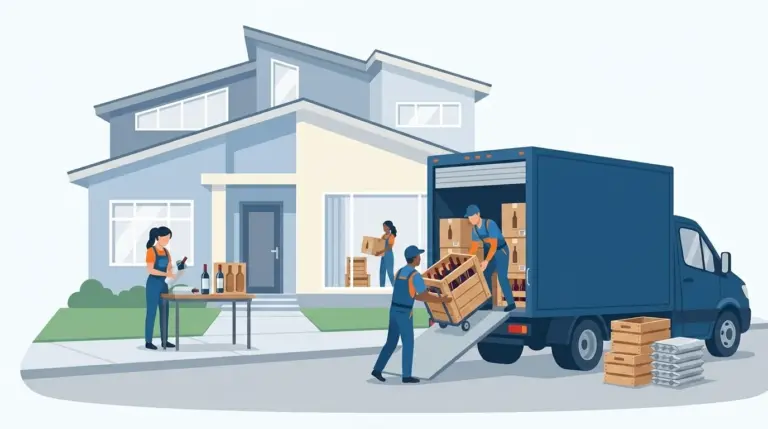 Illustration of wine collection relocation showing temperature control, packing and insurance