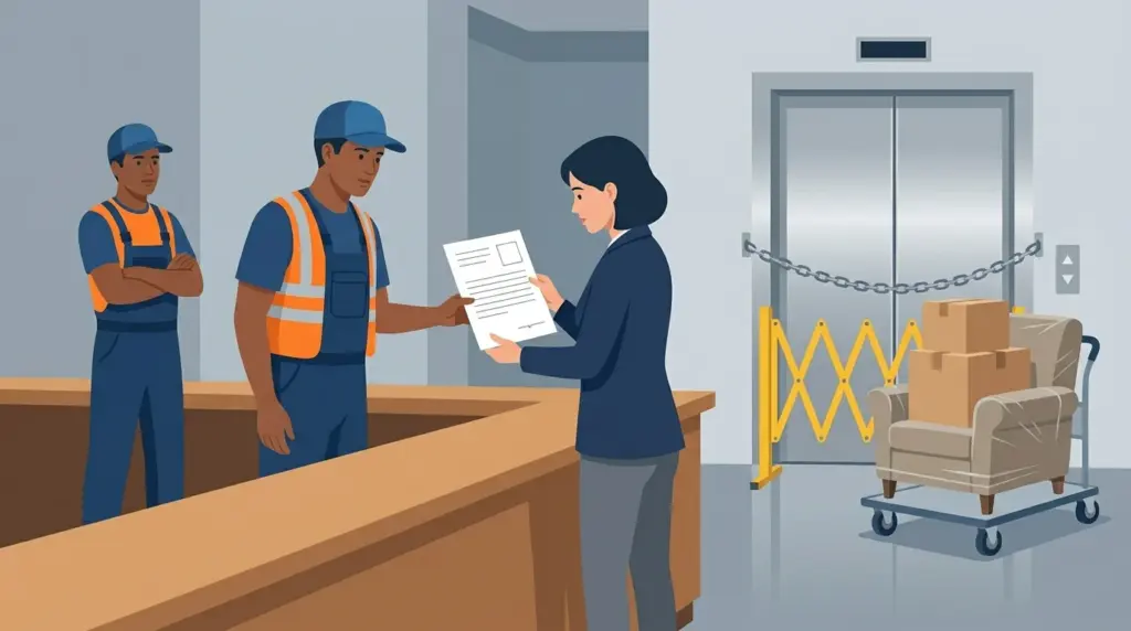 A building manager reading the insurance certificate while the service lift stays chained shut and the load waits