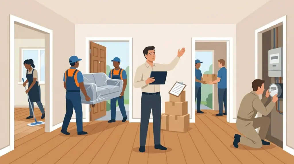 A coordinator directing several jobs at once — movers, a cleaner, a utility engineer and a delivery — from one hallway