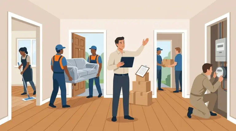 A coordinator directing several jobs at once — movers, a cleaner, a utility engineer and a delivery — from one hallway