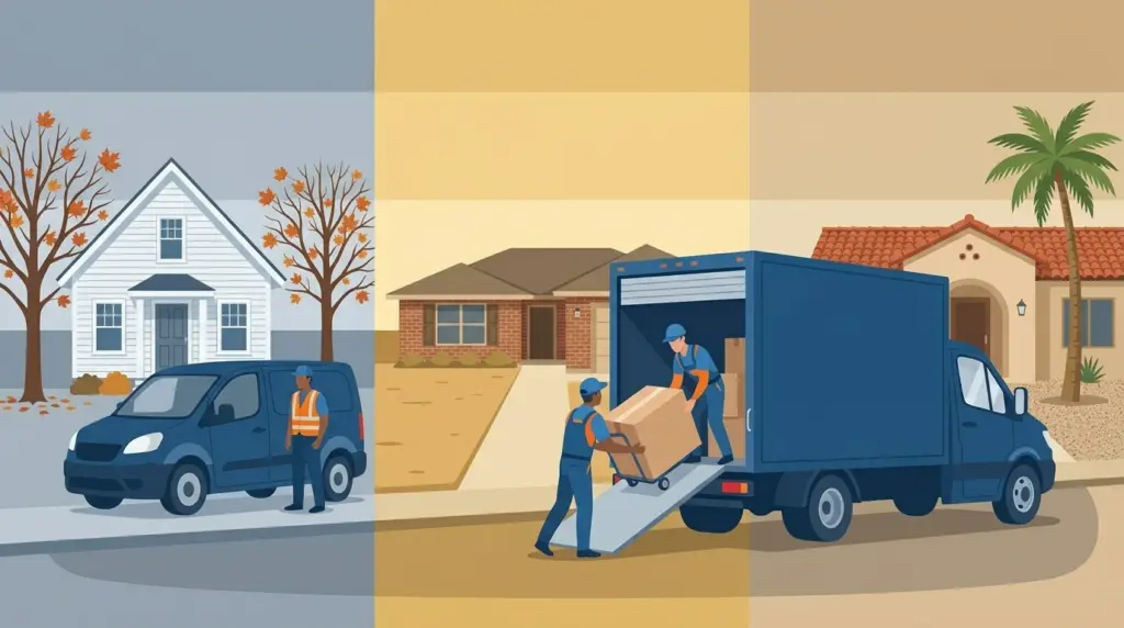 Three regional front yards side by side — New England, Texas and California — each with a different size of truck outside