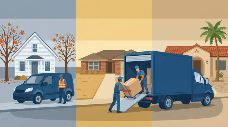Three regional front yards side by side — New England, Texas and California — each with a different size of truck outside