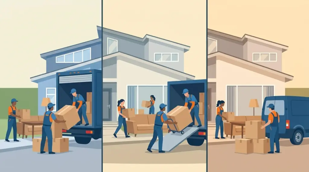 One driveway drawn three times with identical belongings, the vehicle sent for them shrinking each time