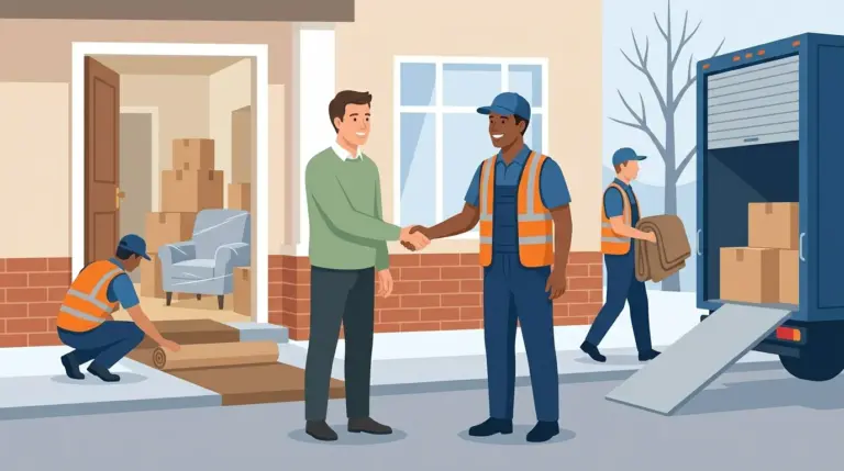 The handshake at the end of a job, with the hallway stacked neatly and nothing damaged