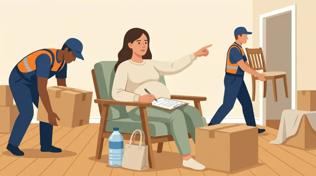 A pregnant householder running the move from a chair with a clipboard while the crew does the carrying