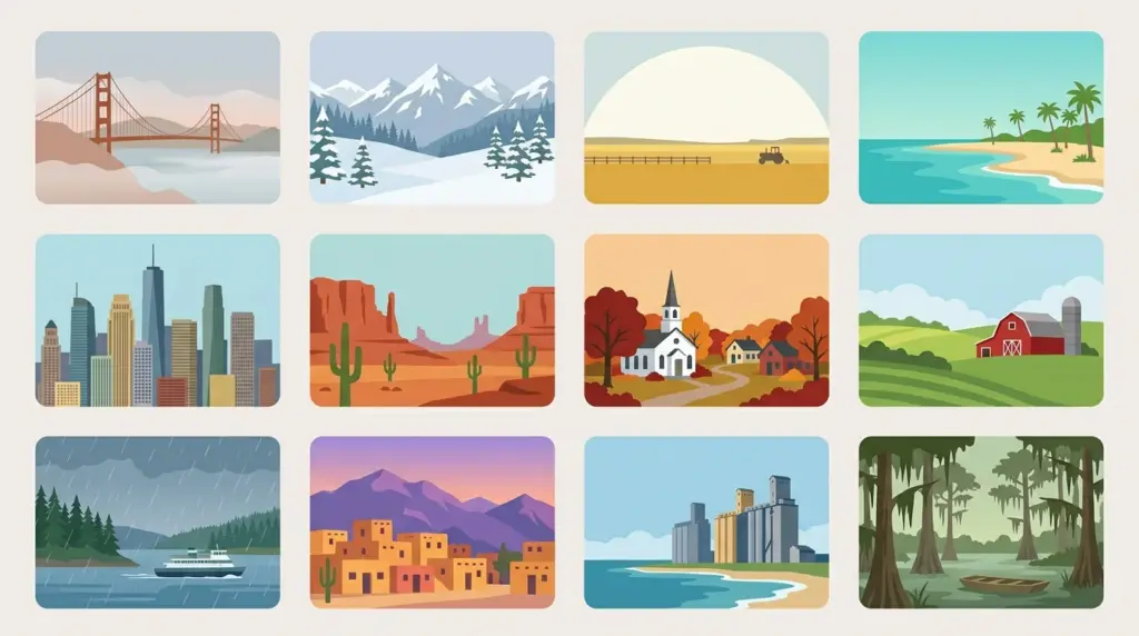 A grid of twelve small landscapes and skylines standing for the regions covered by the guides