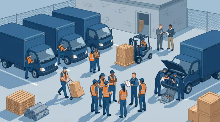 A depot yard at the start of a shift with movers, drivers, mechanics, a forklift operator and office staff