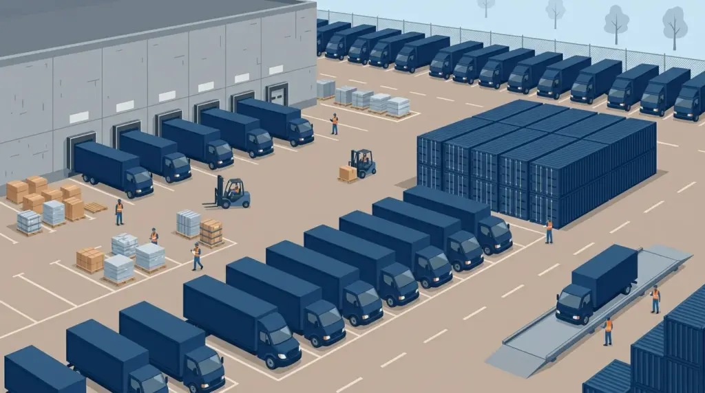 A wide logistics yard of truck rows, stacked containers, loading bays, forklifts and a weighbridge
