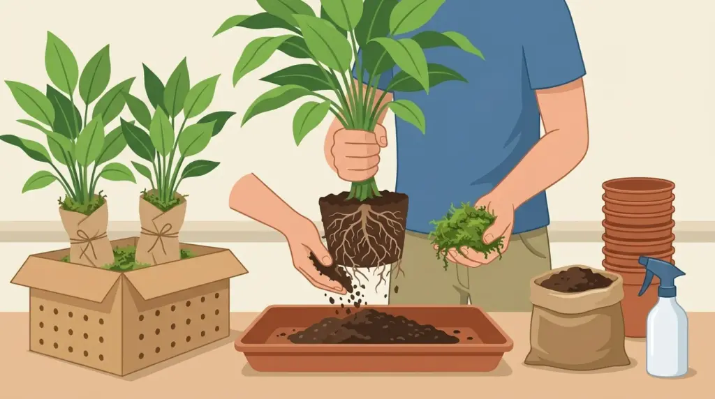 A houseplant being bare-rooted over a tray, its roots packed in damp moss and wrapped in paper, ready for a ventilated box