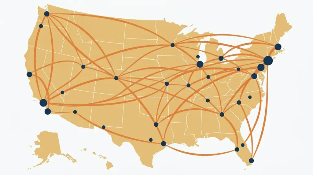 A map of metro dots joined by a dense web of moving corridors of varying weight