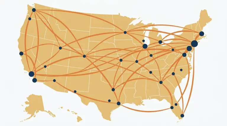 A map of metro dots joined by a dense web of moving corridors of varying weight