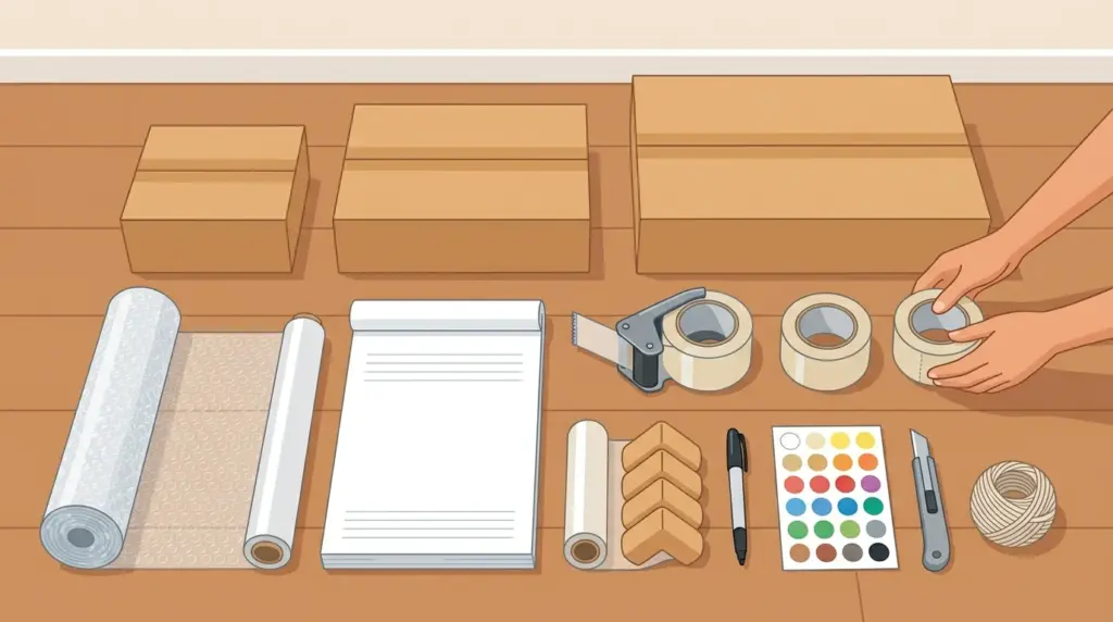 Packing consumables laid out ready — box sizes, tape gun, paper, bubble wrap, corner protectors, marker and sticker dots