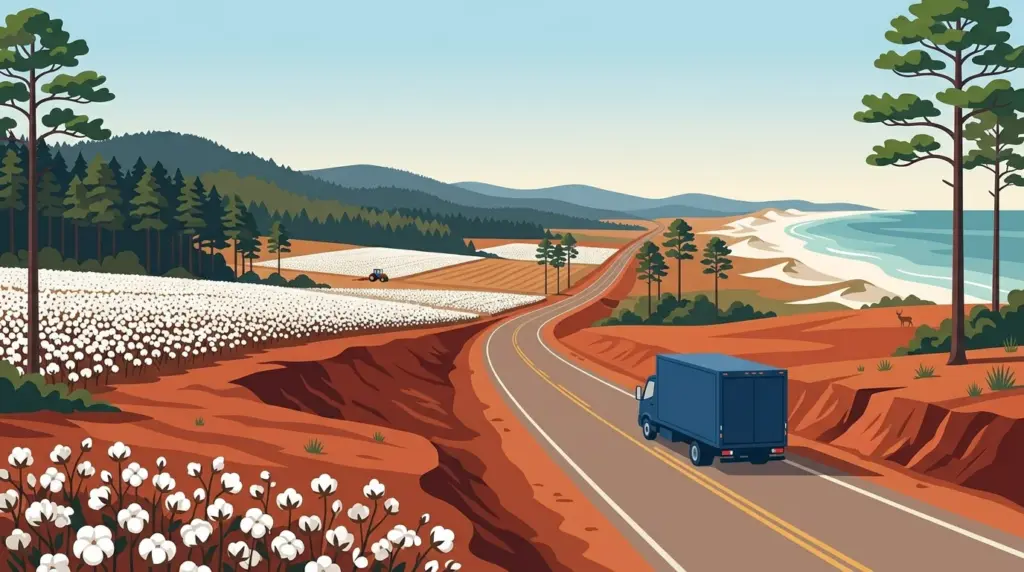 Illustrated guide to moving to Alabama, showing housing, neighbourhoods, costs and arrival