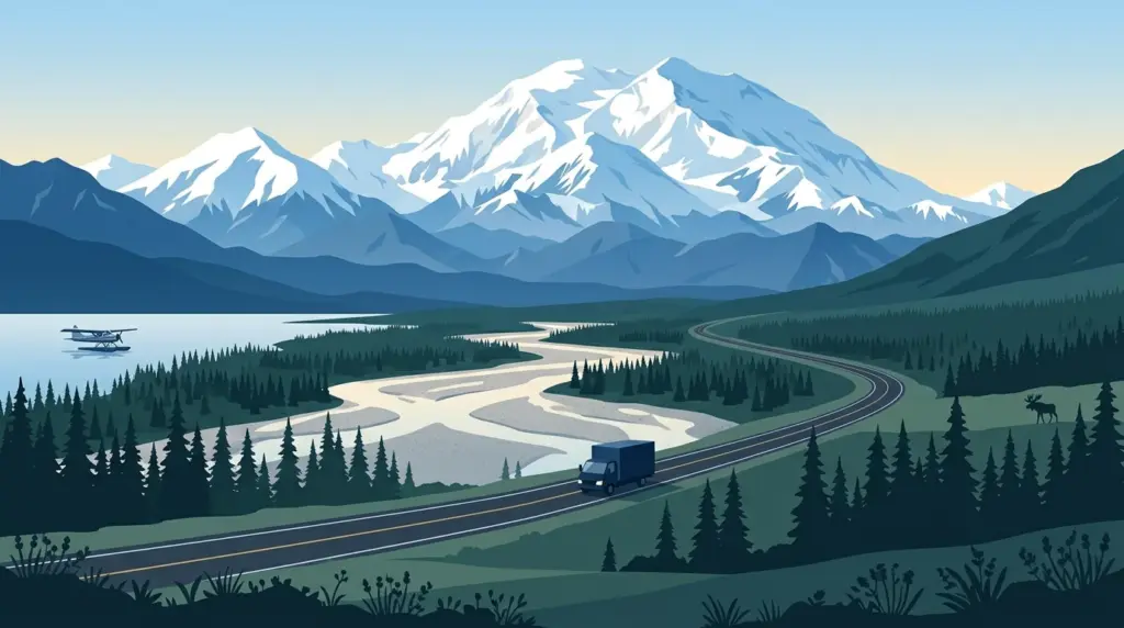 Illustrated landscape of Alaska, showing characteristic terrain and a moving truck on an open road