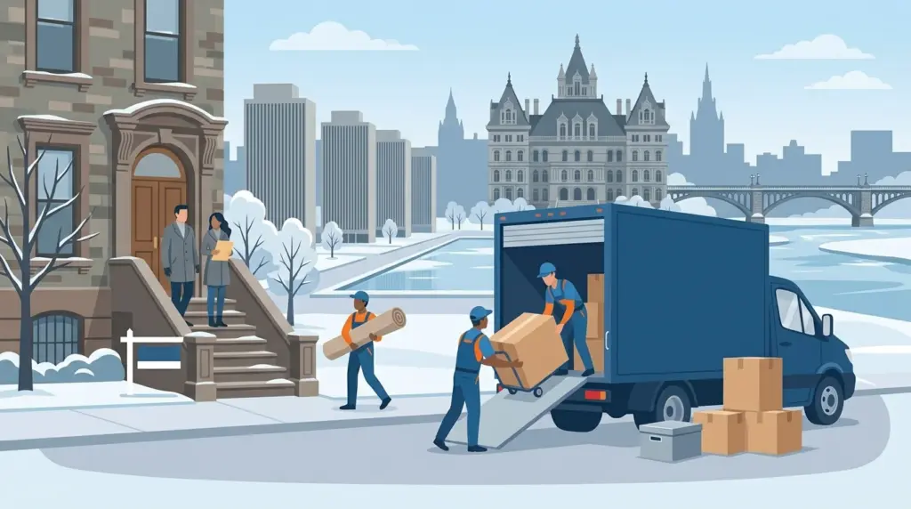 Illustrated guide to moving to Albany, NY, showing housing, neighbourhoods, costs and arrival