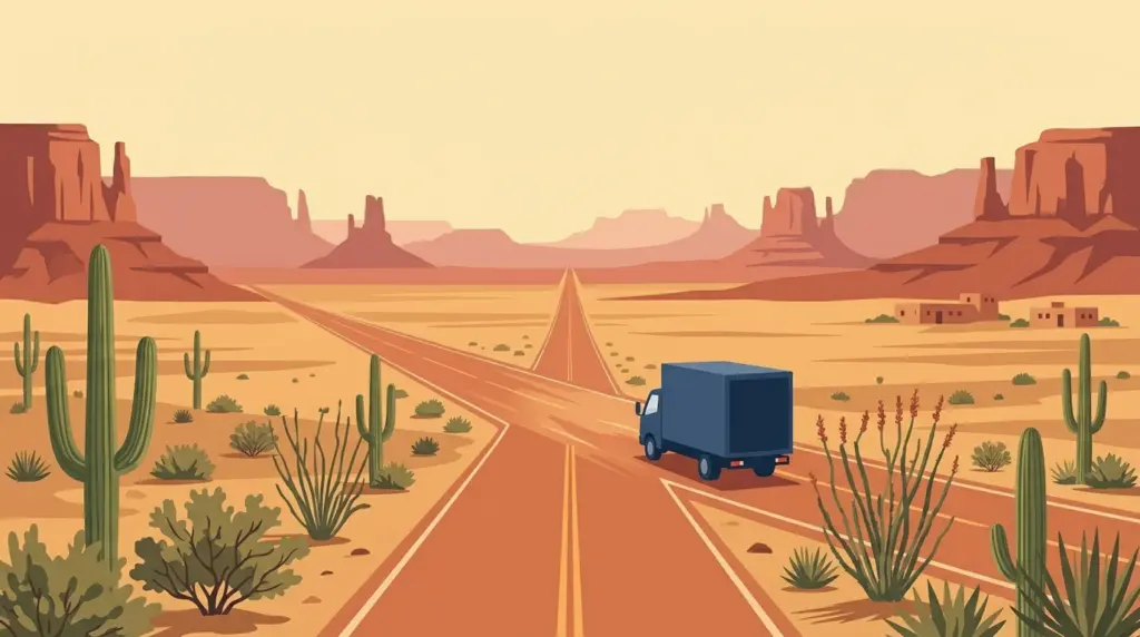 Illustrated landscape of Arizona, showing characteristic terrain and a moving truck on an open road