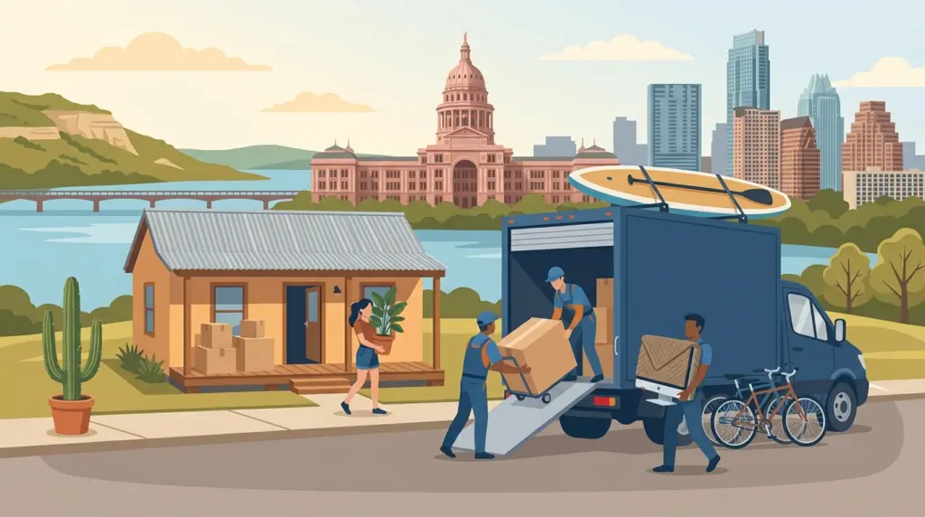 Illustrated guide to moving to Austin, showing housing, neighbourhoods, costs and arrival