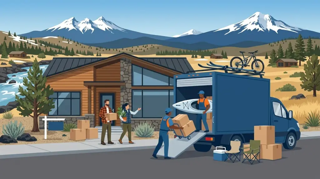 Illustrated guide to moving to Bend, Oregon, showing housing, neighbourhoods, costs and arrival