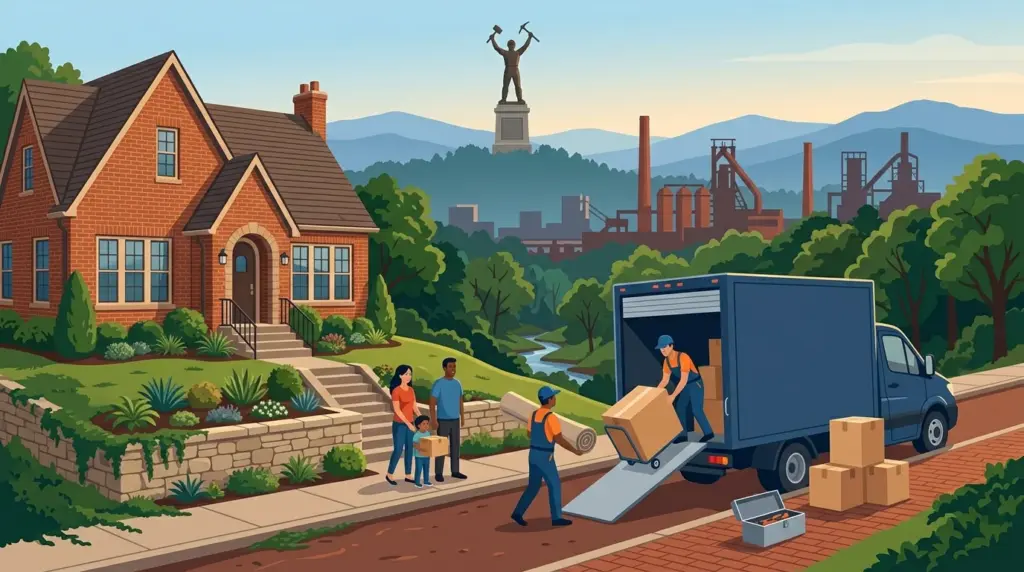 Illustrated guide to moving to Birmingham, AL, showing housing, neighbourhoods, costs and arrival