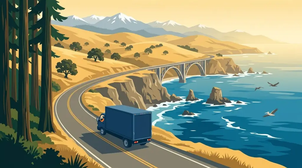 Illustrated guide to moving to California, showing housing, neighbourhoods, costs and arrival