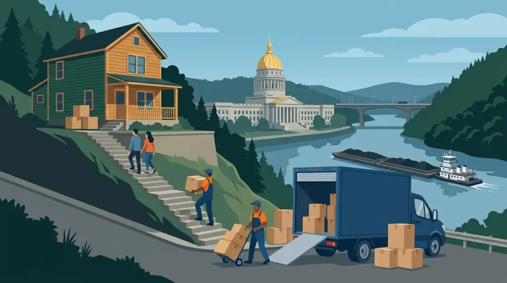 Illustrated guide to moving to Charleston, WV, showing housing, neighbourhoods, costs and arrival