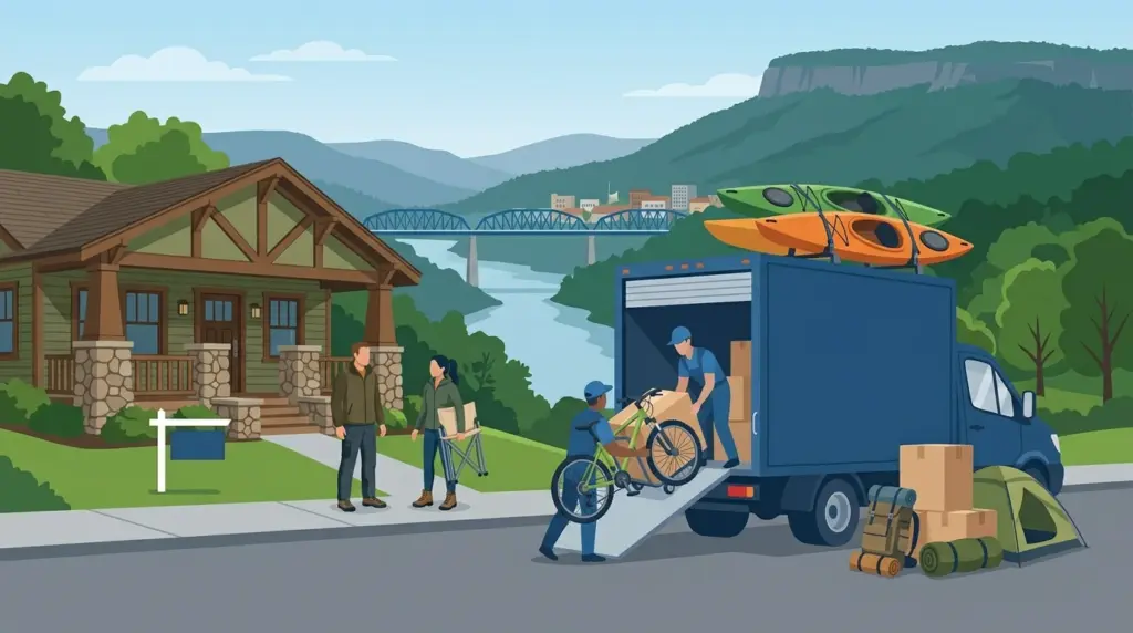 Illustrated guide to moving to Chattanooga, showing housing, neighbourhoods, costs and arrival