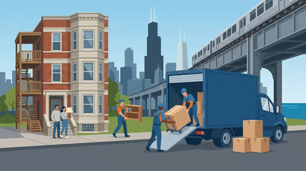 Illustrated guide to moving to Chicago, showing housing, neighbourhoods, costs and arrival