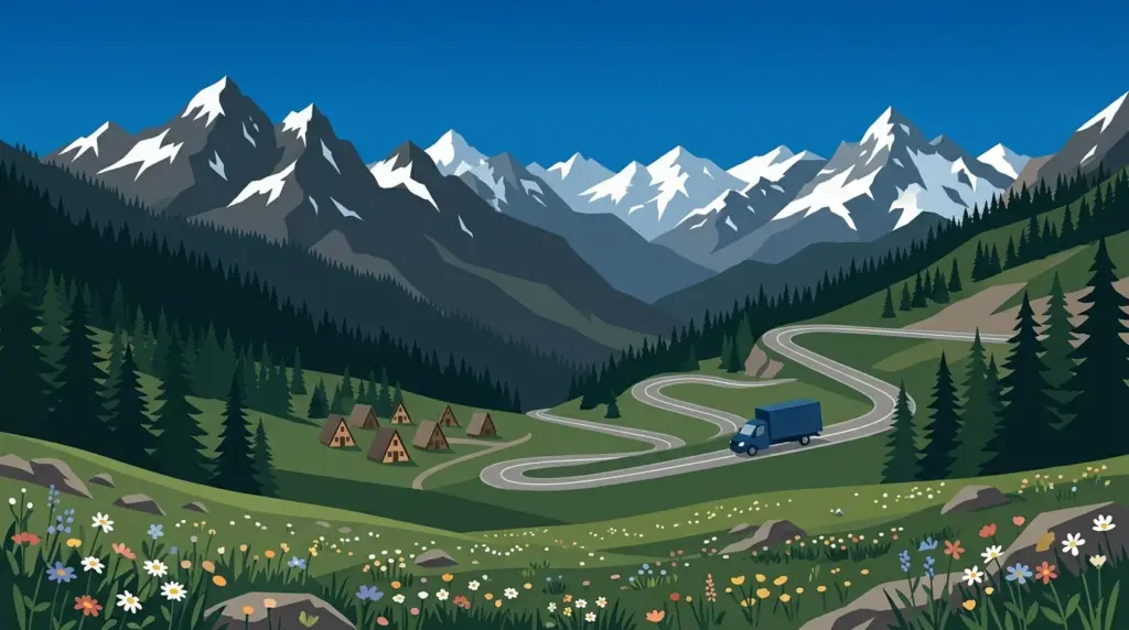 Illustrated landscape of Colorado, showing characteristic terrain and a moving truck on an open road