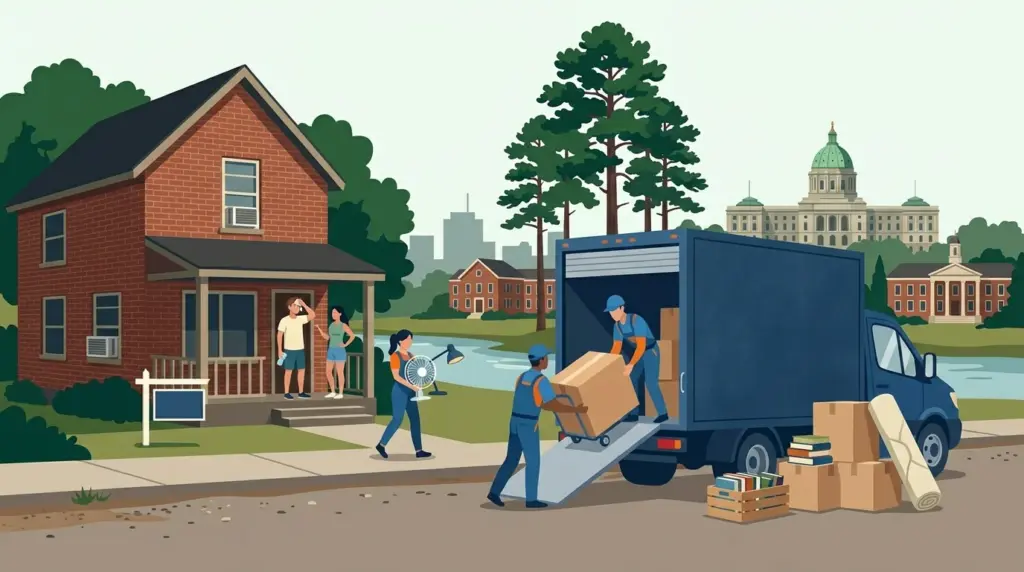 Illustrated guide to moving to Columbia, SC, showing housing, neighbourhoods, costs and arrival