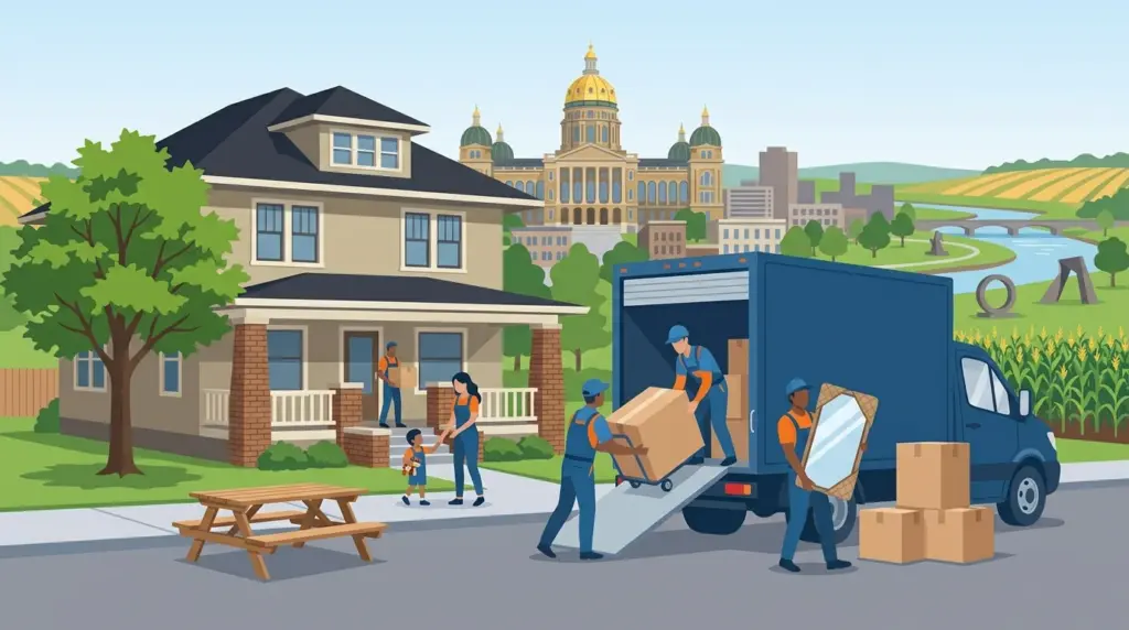 Illustrated guide to moving to Des Moines, showing housing, neighbourhoods, costs and arrival