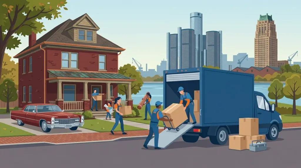 Illustrated guide to moving to Detroit, showing housing, neighbourhoods, costs and arrival