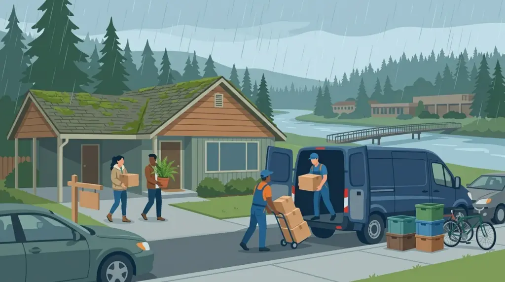 Illustrated guide to moving to Eugene, showing housing, neighbourhoods, costs and arrival