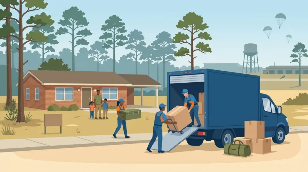 Illustrated guide to moving to Fayetteville, NC, showing housing, neighbourhoods, costs and arrival