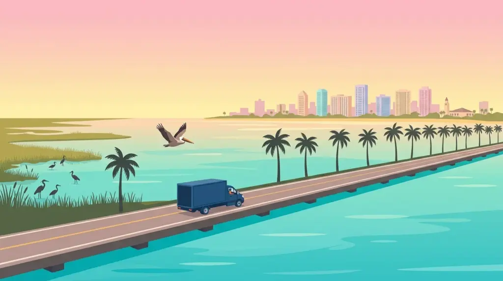 Illustrated landscape of Florida, showing characteristic terrain and a moving truck on an open road