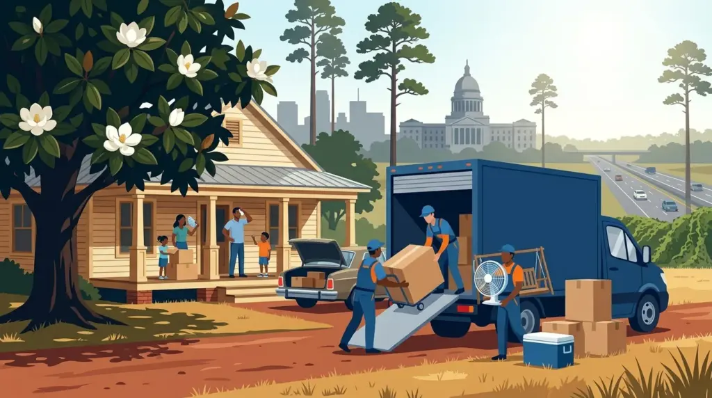 Illustrated guide to moving to Jackson, MS, showing housing, neighbourhoods, costs and arrival