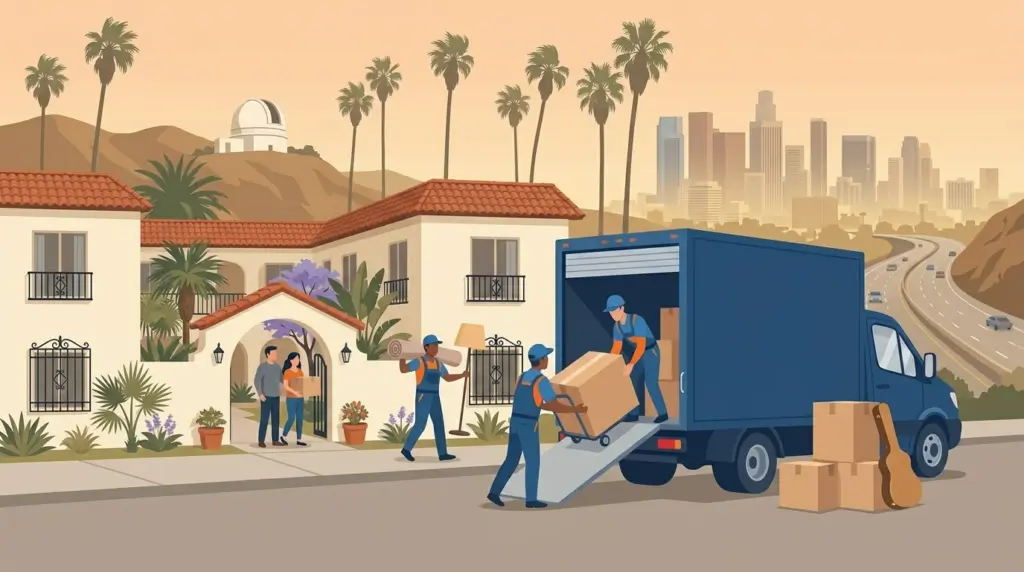 Illustrated guide to moving to Los Angeles, showing housing, neighbourhoods, costs and arrival