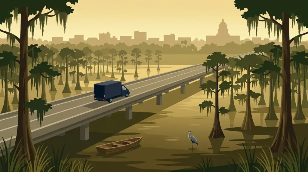 Illustrated landscape of Louisiana, showing characteristic terrain and a moving truck on an open road