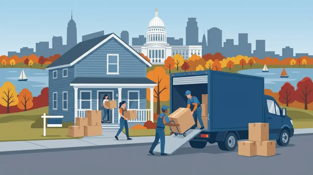 Illustrated guide to moving to Madison, WI, showing housing, neighbourhoods, costs and arrival
