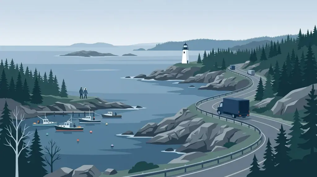 Illustrated landscape of Maine, showing characteristic terrain and a moving truck on an open road