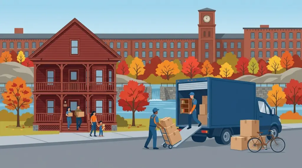Illustrated guide to moving to Manchester, NH, showing housing, neighbourhoods, costs and arrival