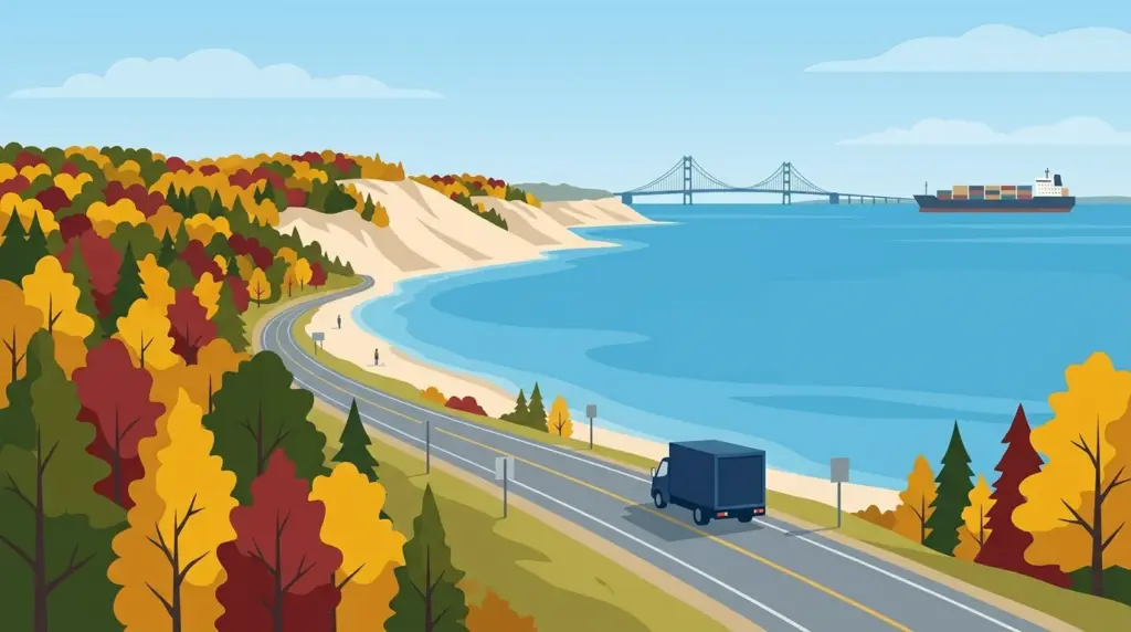 Illustrated landscape of Michigan, showing characteristic terrain and a moving truck on an open road