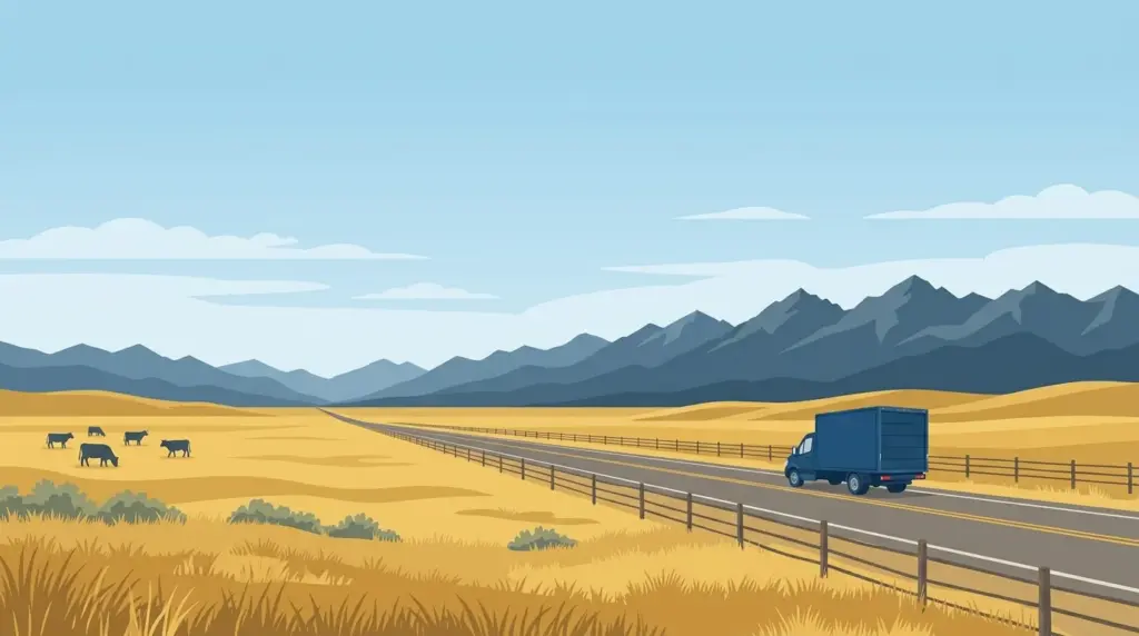 Illustrated landscape of Montana, showing characteristic terrain and a moving truck on an open road