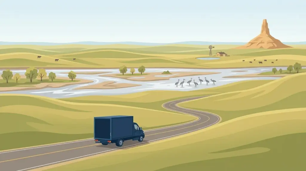 Illustrated guide to moving to Nebraska, showing housing, neighbourhoods, costs and arrival